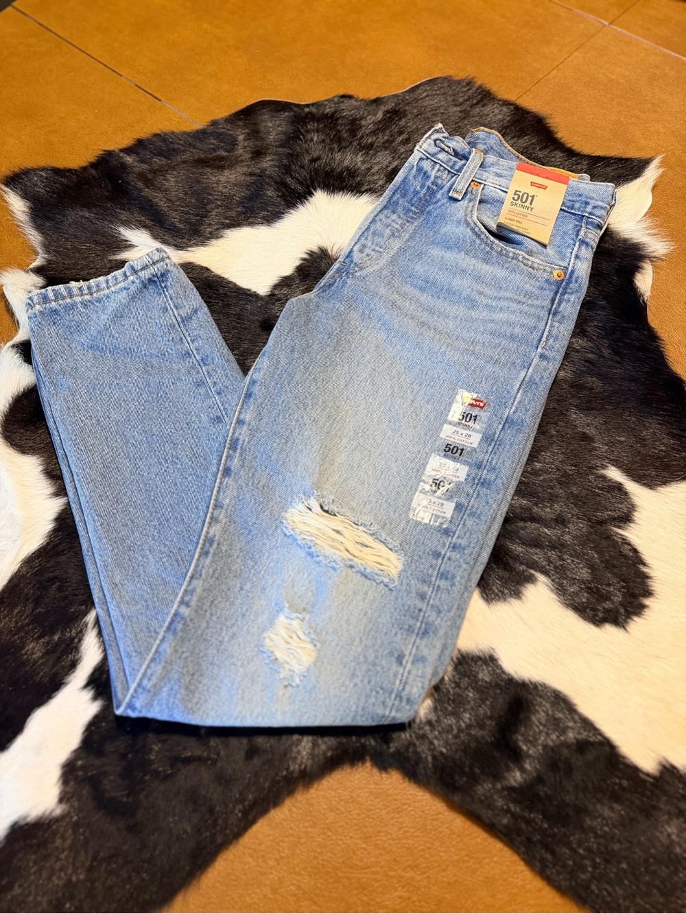 Levi's Light Blue Distressed 501 Straight Jeans